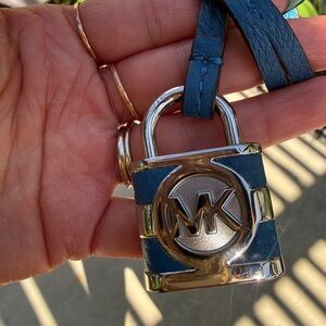 Michael Kors Blue Leather MK Padlock Keychain with Silver-Tone Hardware